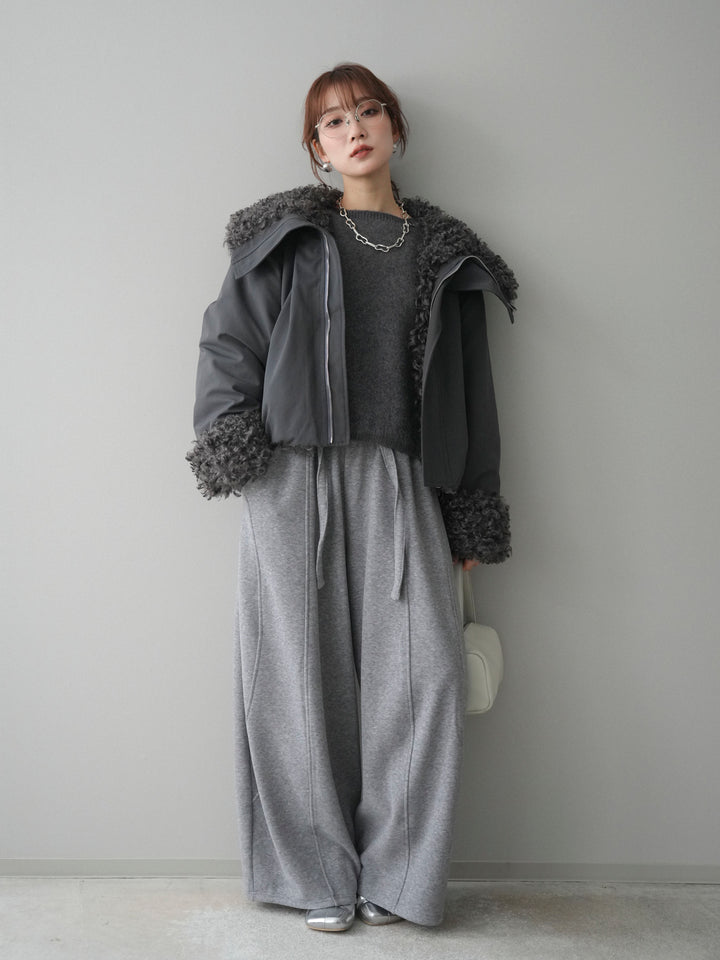 [SET]プードルファーダウンジャケット+アンゴラタッチボートネッククロップドプルオーバー+ウエストベルトカーブラインスエットパンツ(3set)