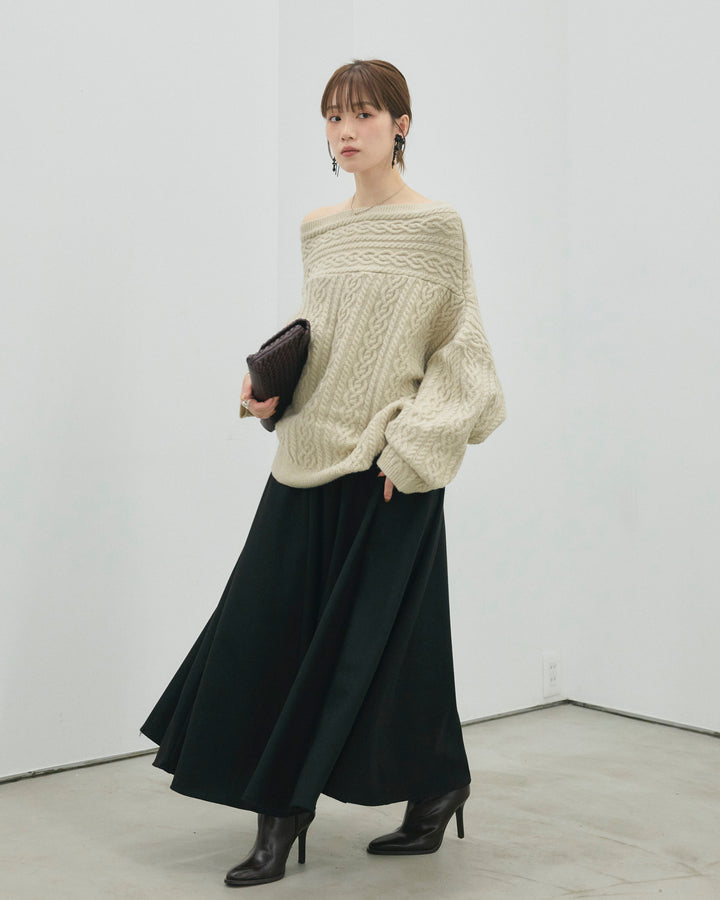 【Allure】[SET]ケーブルワンショルニットプルオーバー+ウールタッチフレアスカート(2set)