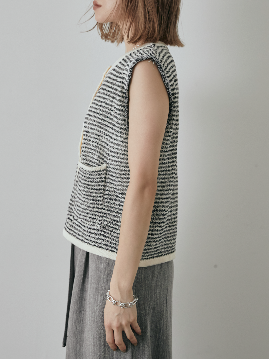 [予約]ボーダー袖フリンジニットベスト/オフ