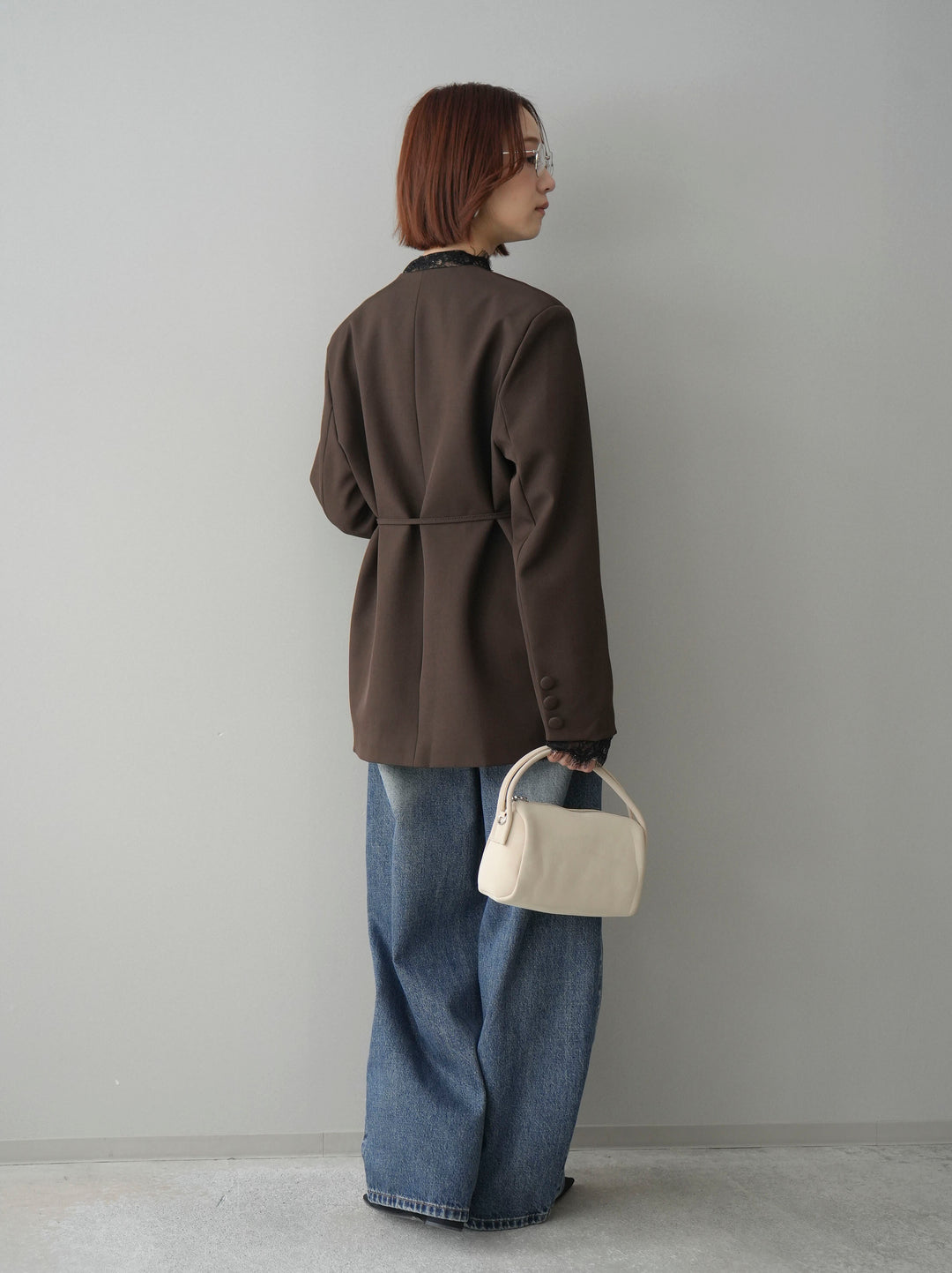 [SET]ノーカラーレースジャケット+ダメージデニムセミワイドパンツ(2set)