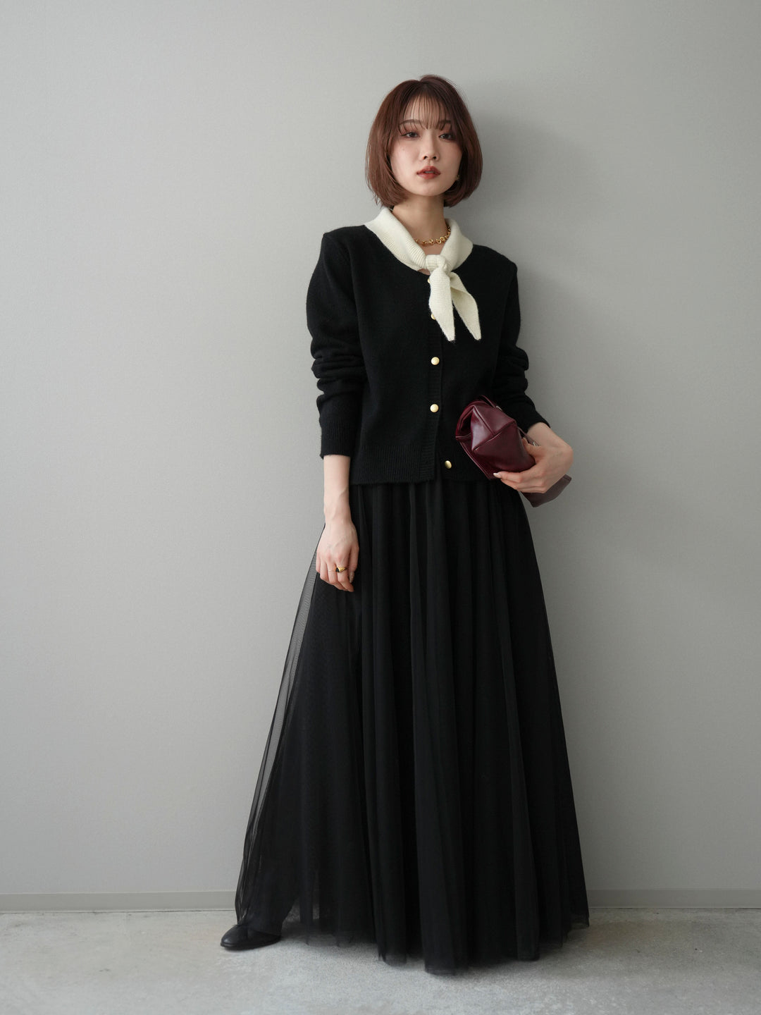 [SET]デザイン襟ニットカーディガン+チュールボリュームスカート(2set)