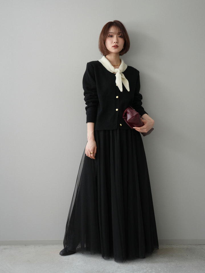 [SET]デザイン襟ニットカーディガン+チュールボリュームスカート(2set)