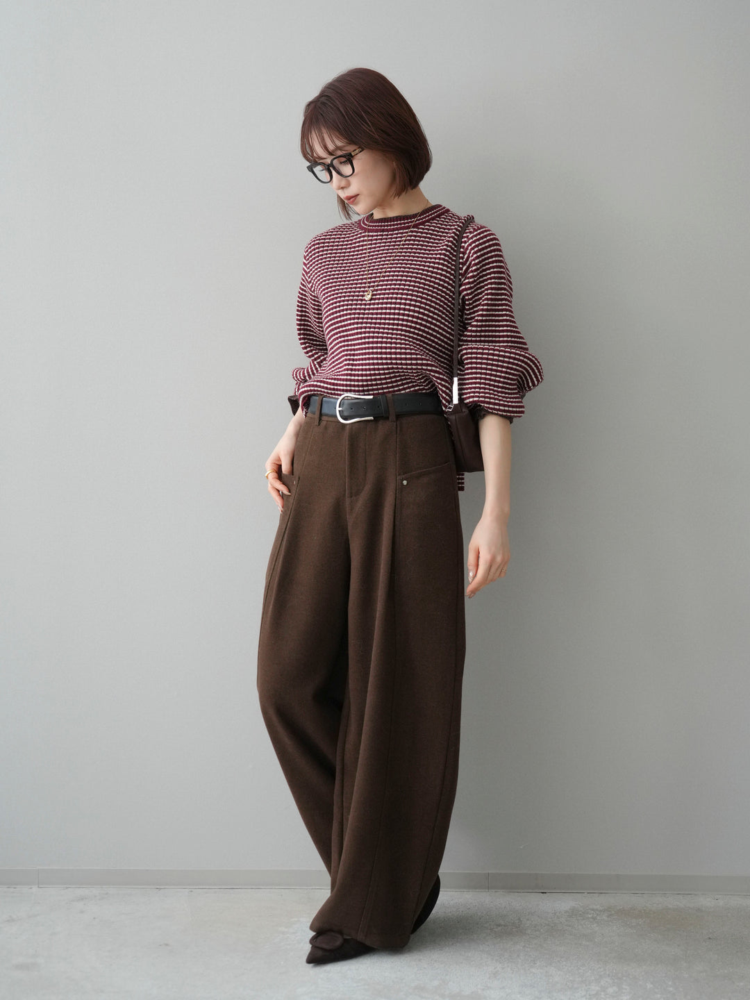 [SET]ラメ異素材ボーダーリブニットプルオーバー+ベルト付起毛コクーンパンツ(2set)