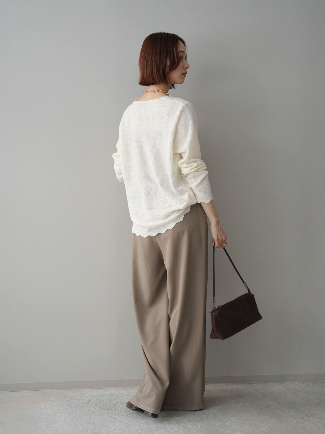 [SET]レースネックジャガードニットカーディガン+ベルト付キーホルダーモチーフワイドパンツ(2set)