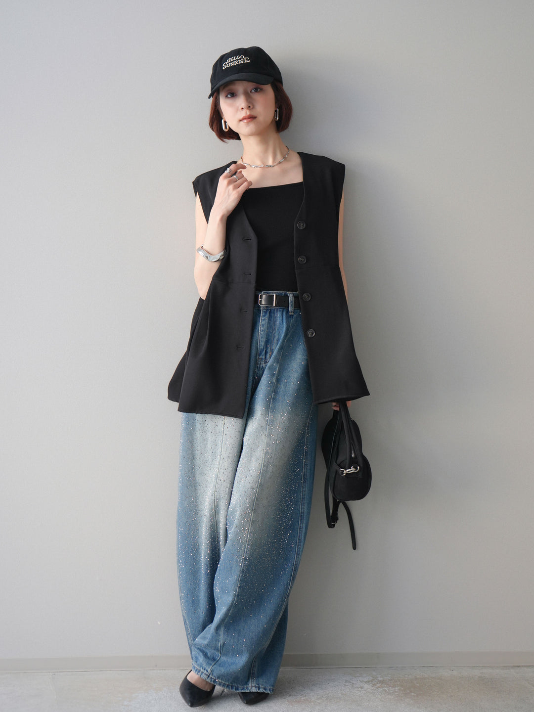 [予約]フロントビジューカーブデニムパンツ/blue