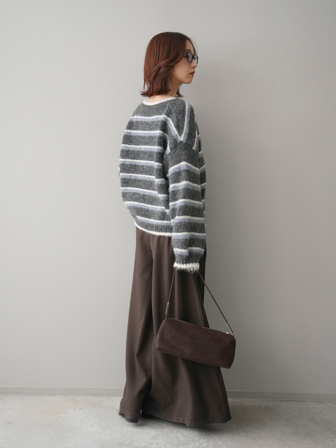 [SET]ウールタッチ配色ボーダーニットカーディガン+テープベルトタックバギーパンツ(2set)