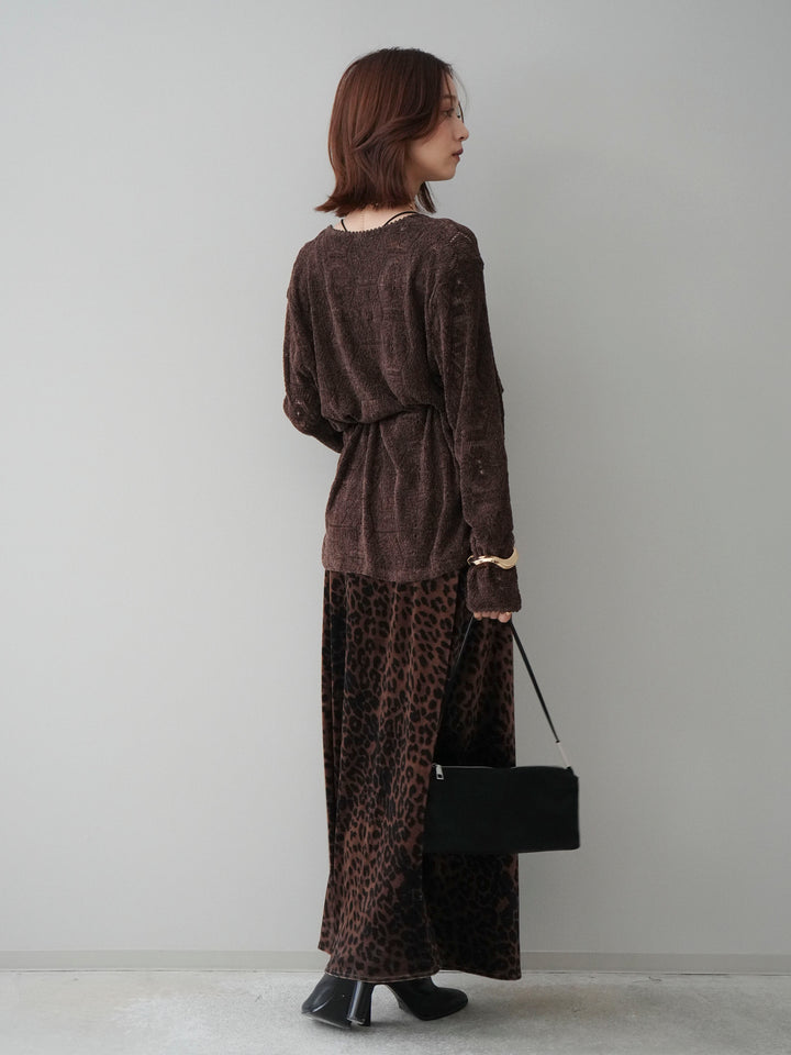[SET]モール透かし編みニットトップス+レオパードベロアナロースカート(2set)