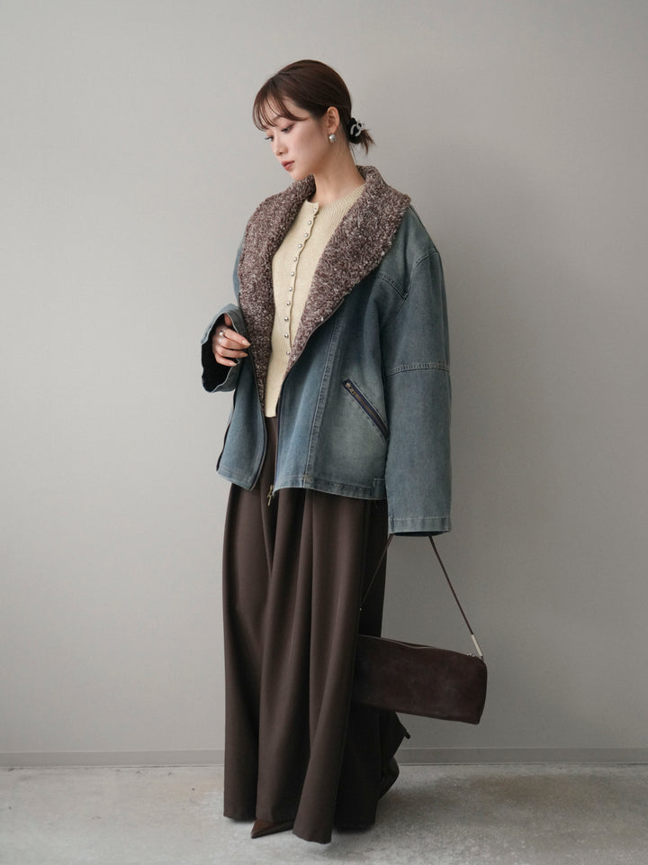 [SET]ミックスボアデニムジャケット+テープベルトタックバギーパンツ(2set)