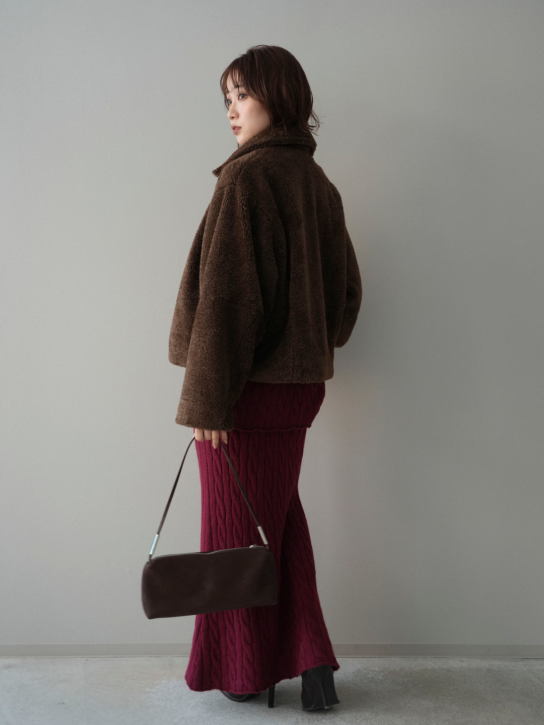 [SET]エコファーステンカラージャケット+ストール付ケーブルニットプルオーバー&ロングスカートSET UP(2set)