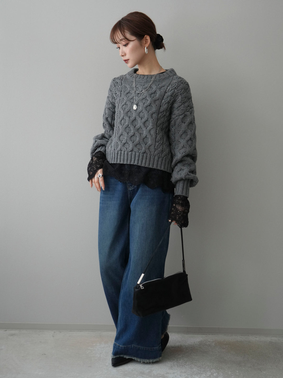 【着回しセット】[SET]バルキーケーブルクロップドニットプルオーバー+アンゴラタッチクルーネックニットプルオーバー+チュールレーストップス(3set)