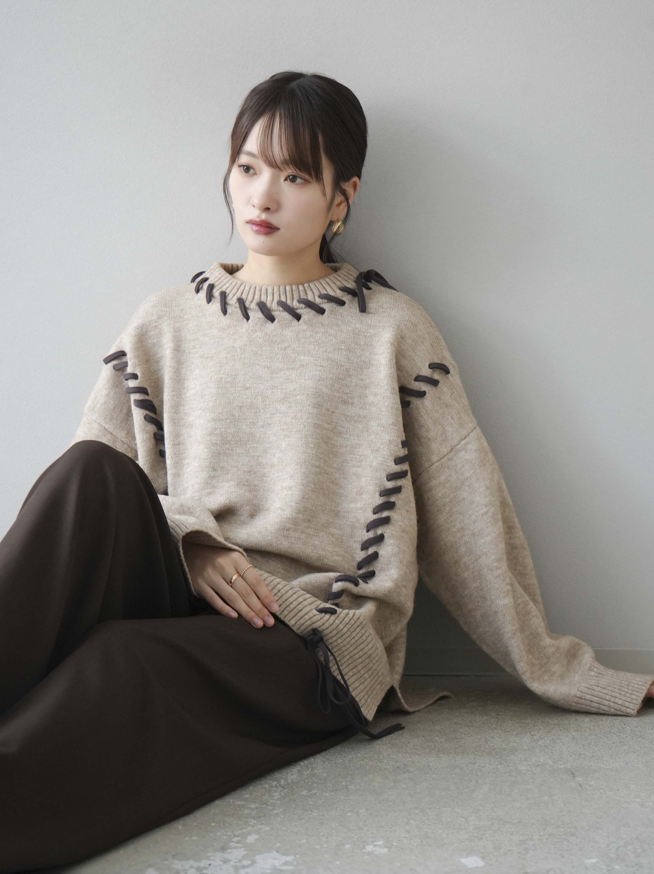 予約]ハンドステッチ配色オーバーニットプルオーバー/ベージュ – Lumier