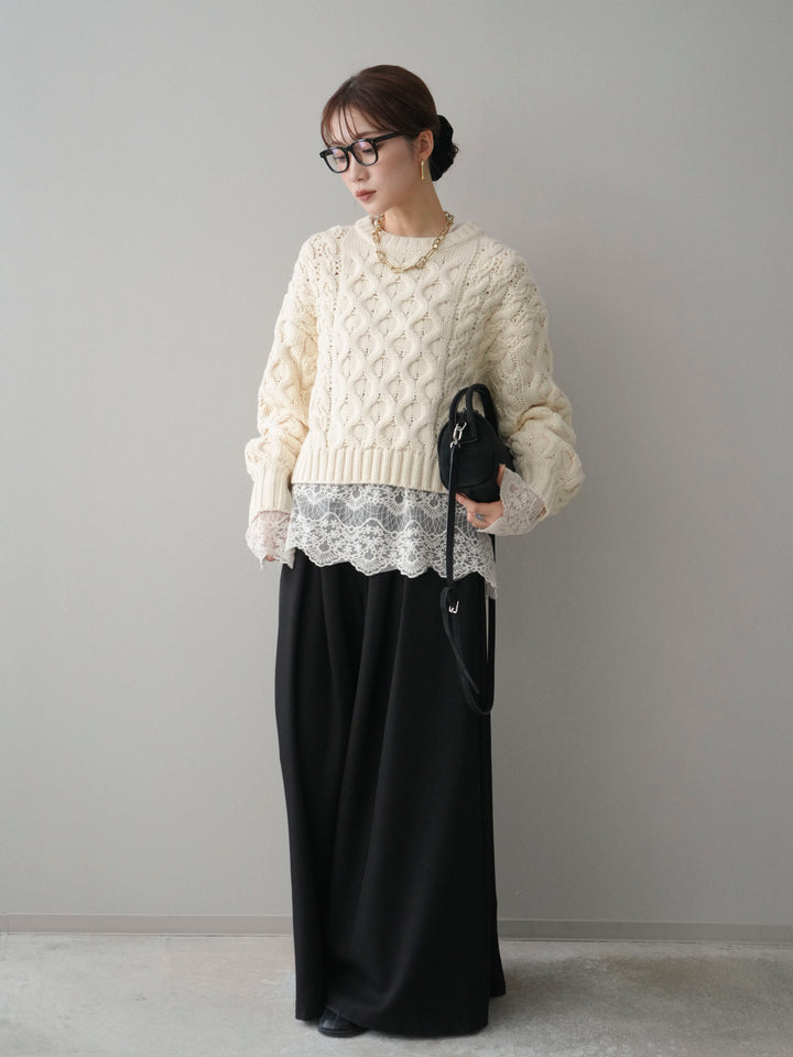 [SET]バルキーケーブルクロップドニットプルオーバー+テープベルトタックバギーパンツ(2set)