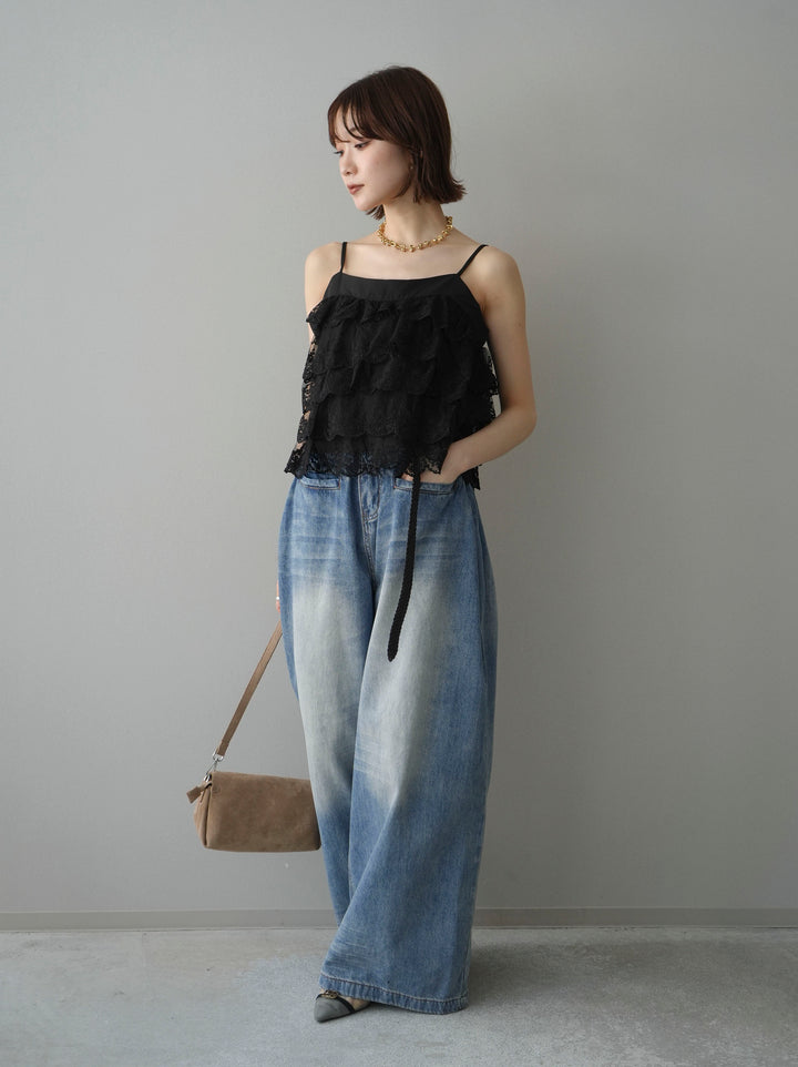[SET]スカラップレースフリルキャミソール+フロントポケットサイドタックワイドデニム(2set)