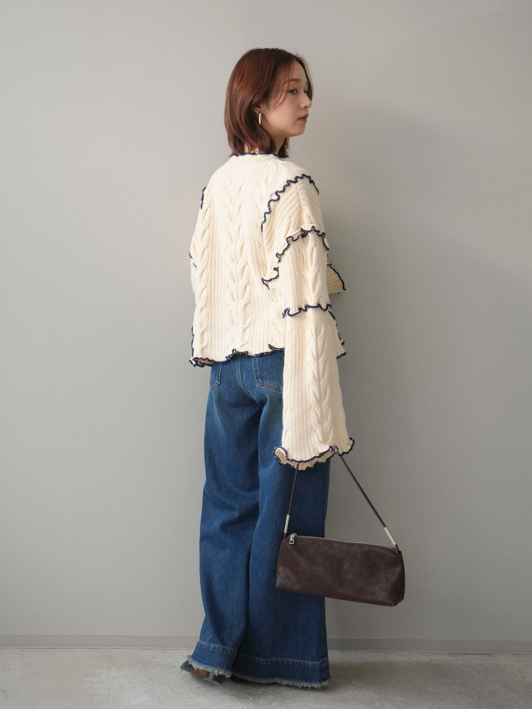 [SET]フロントリボン配色メローニットカーディガン+裏起毛裾フリンジワイドデニムパンツ(2set)