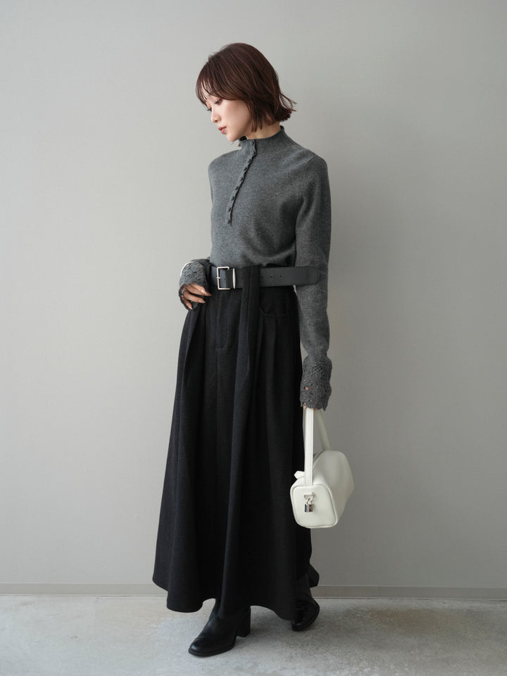 [SET]袖スカラップレースフロントボタンウールニットトップス+ベルト付きベルトループスカート(2set)