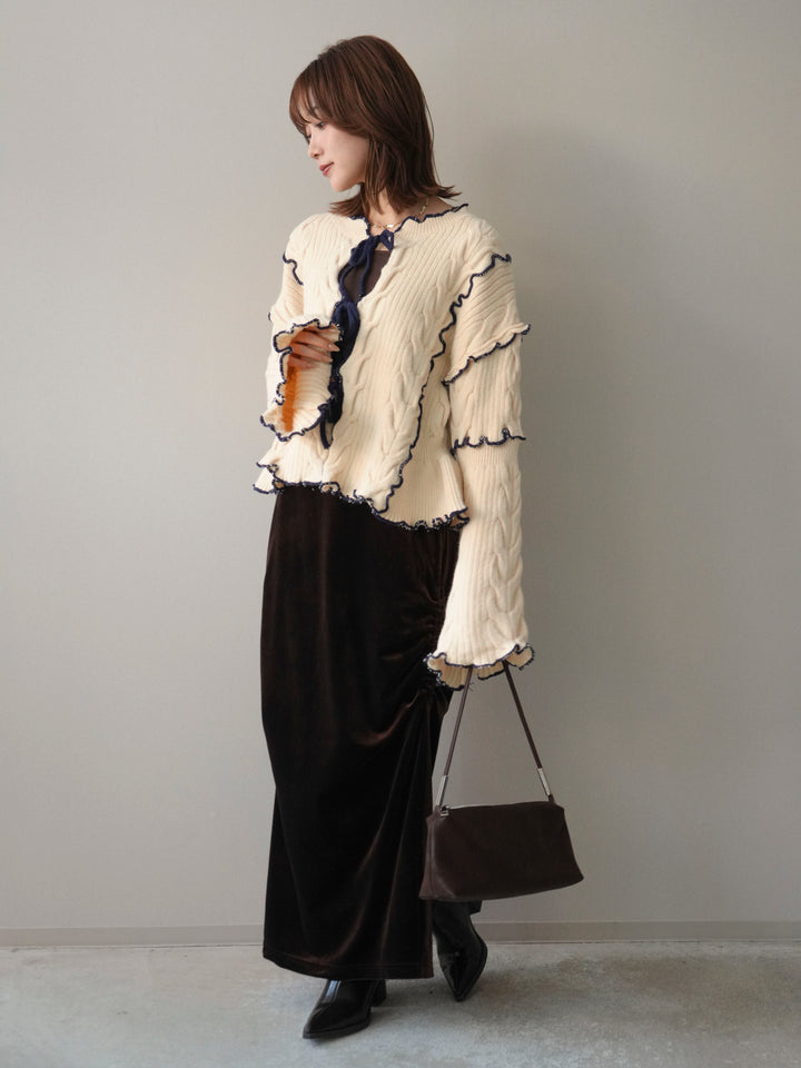 [SET]フロントリボン配色メローニットカーディガン+ギャザーベロアスカート(2set)