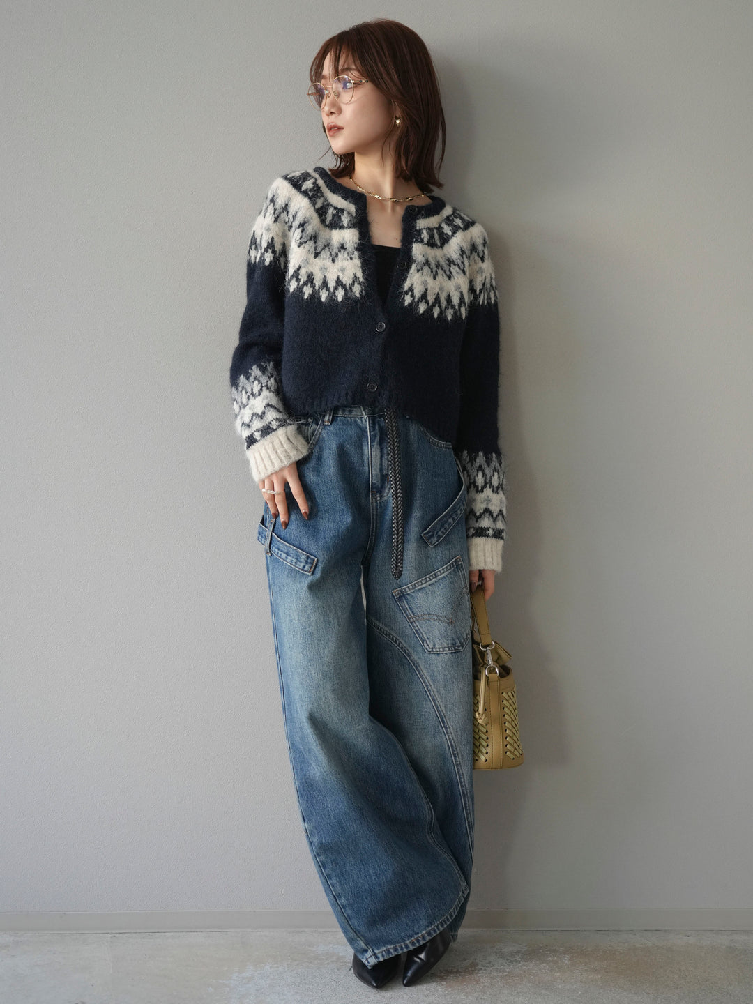 【着回しセット】[SET]求心柄クロップドニットカーディガン+ミックスヤーンペイズリー柄ニットカーディガン+ペインターカーブデニムパンツ(3set)