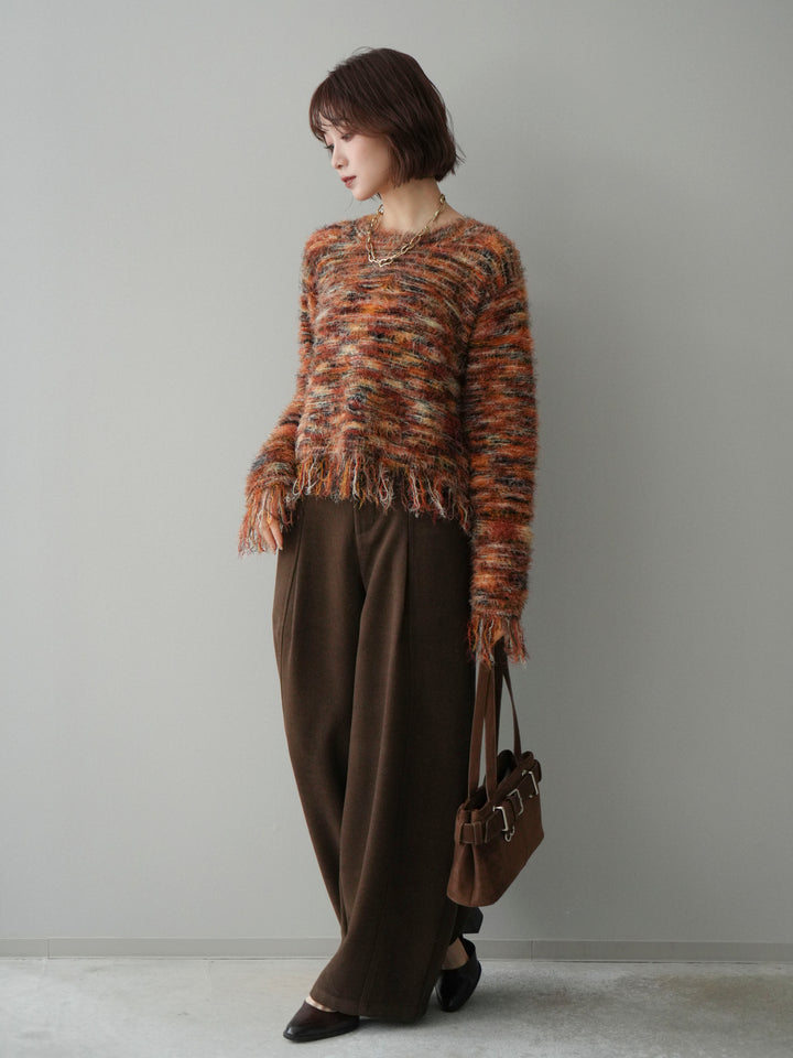 [SET]裾フリンジミックスヤーンシャギープルオーバー+ベルト付起毛コクーンパンツ(2set)