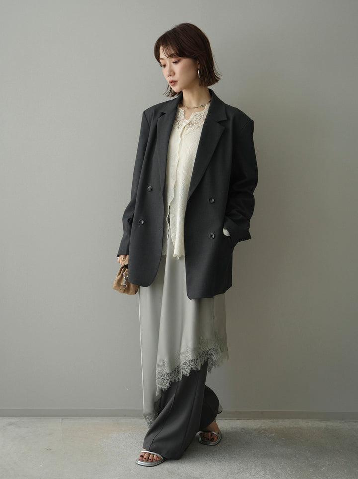 [SET]ダブルブレストオーバージャケット+レースネックジャガードニットカーディガン+サテンライクアシメレーススカート+センターシームフレアパンツ(4set))