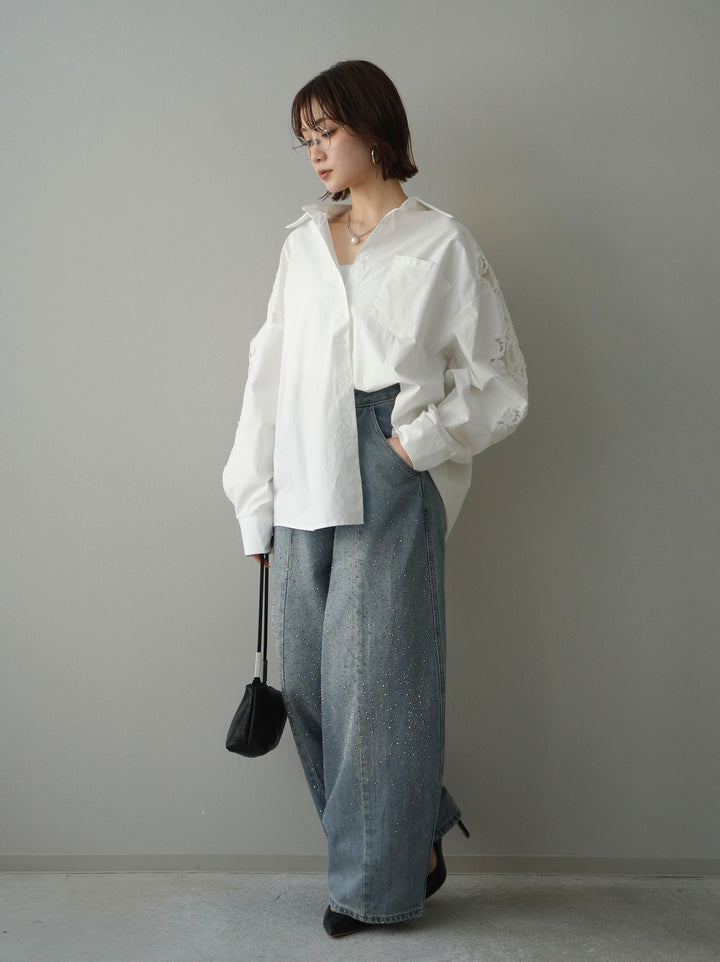 [SET]アームレースブロードシャツ+フロントビジューカーブデニムパンツ(2set)