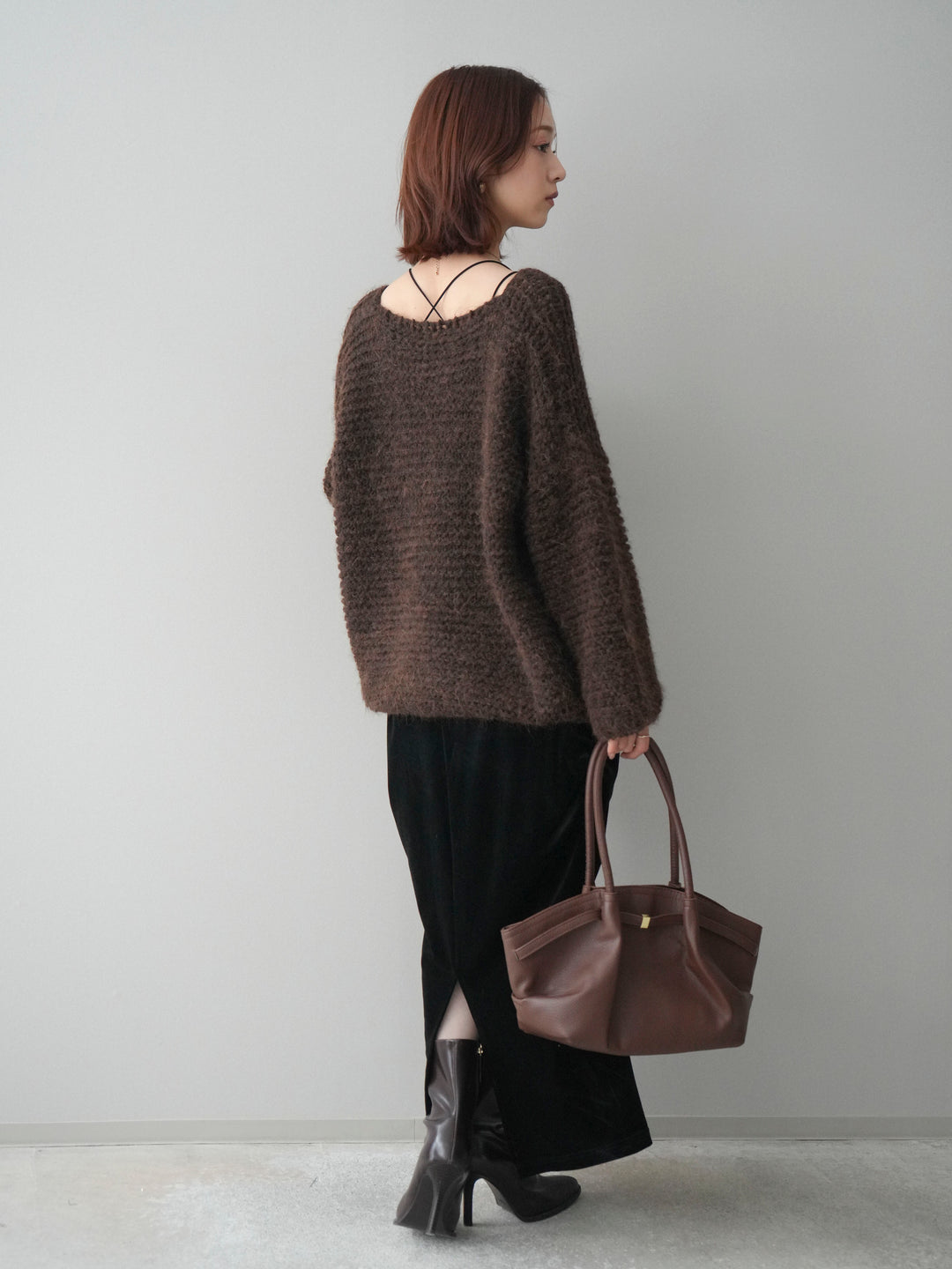 [SET]ワッフル編みシャギーニットプルオーバー+ギャザーベロアスカート(2set)