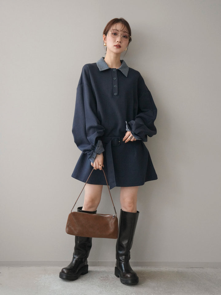 [予約]チェック襟xスエットミニワンピース/blue