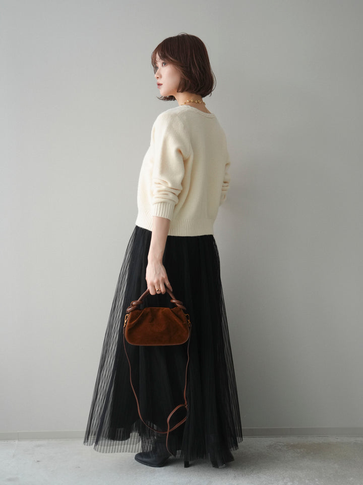 [SET]編みこみアンティークボタンニットカーディガン+チュールストライプボリュームスカート(2set)