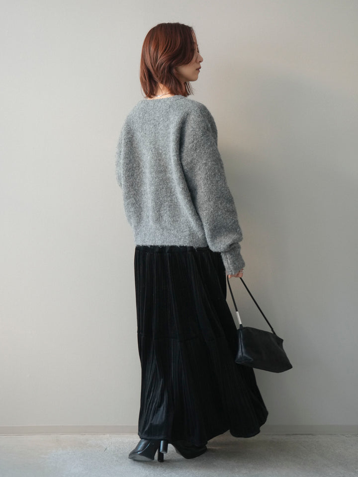 [SET]テープ刺繍ホック開きブークレニットカーディガン+ベロアティアードワッシャースカート(2set)