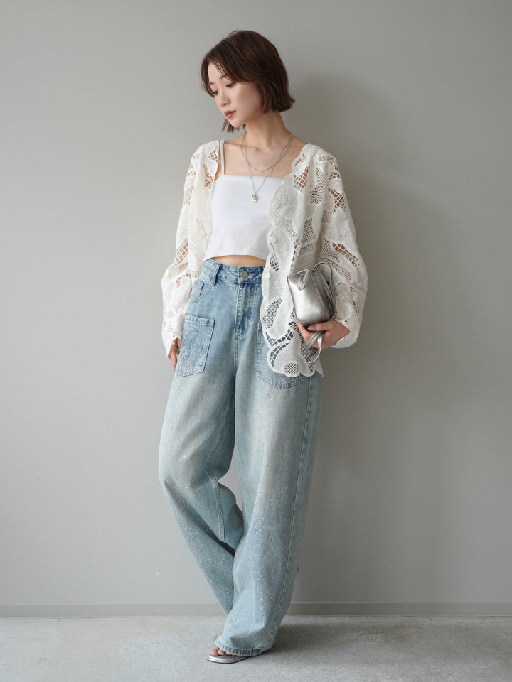 【套裝】3D蕾絲荷葉邊上衣+前口袋串珠闊腿牛仔褲（兩件套）