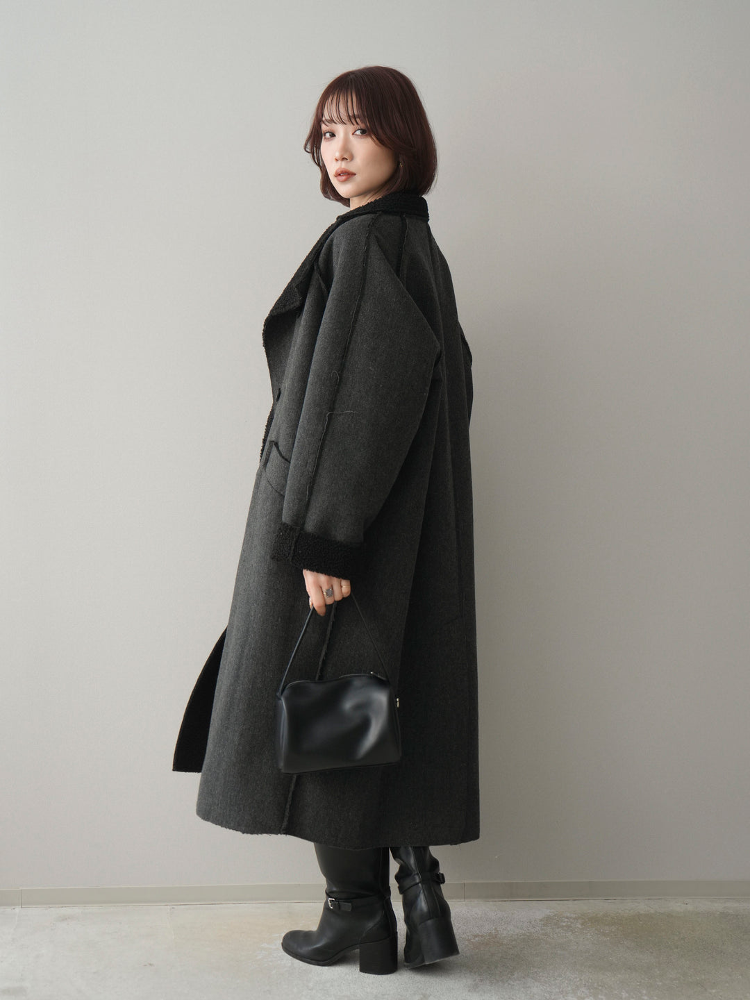 [SET]チェック襟xスエットミニワンピース+アウトシーム裏ボアコート(2set)