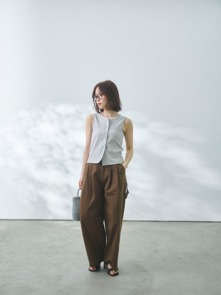 【Allure】[SET]フロントボタンテレコリブタンクトップ+カットオフコットンツイルタックワイドパンツ(2set)