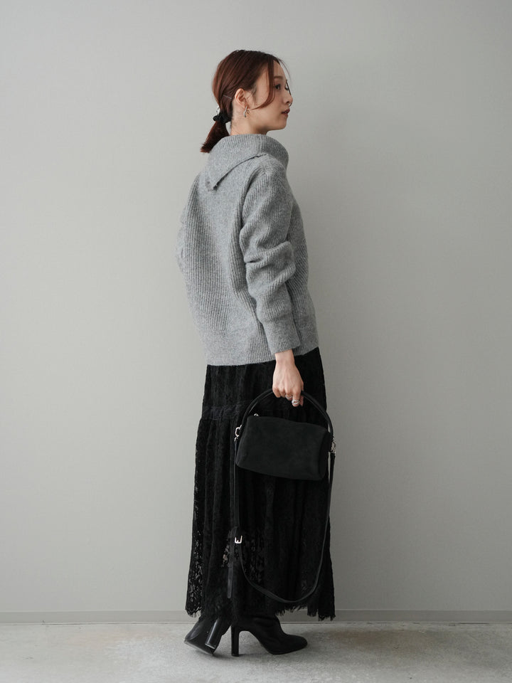 [SET]ハイネックデザインボタンニットカーディガン+起毛レースティアードスカート(2set)