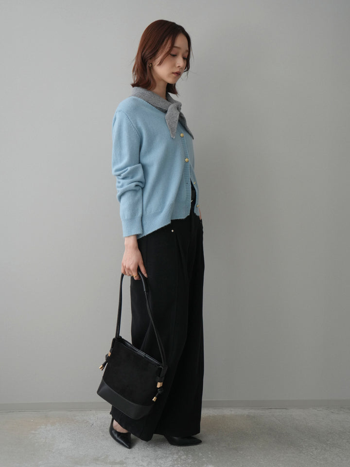 [SET]デザイン襟ニットカーディガン+ベルト付起毛コクーンパンツ(2set)