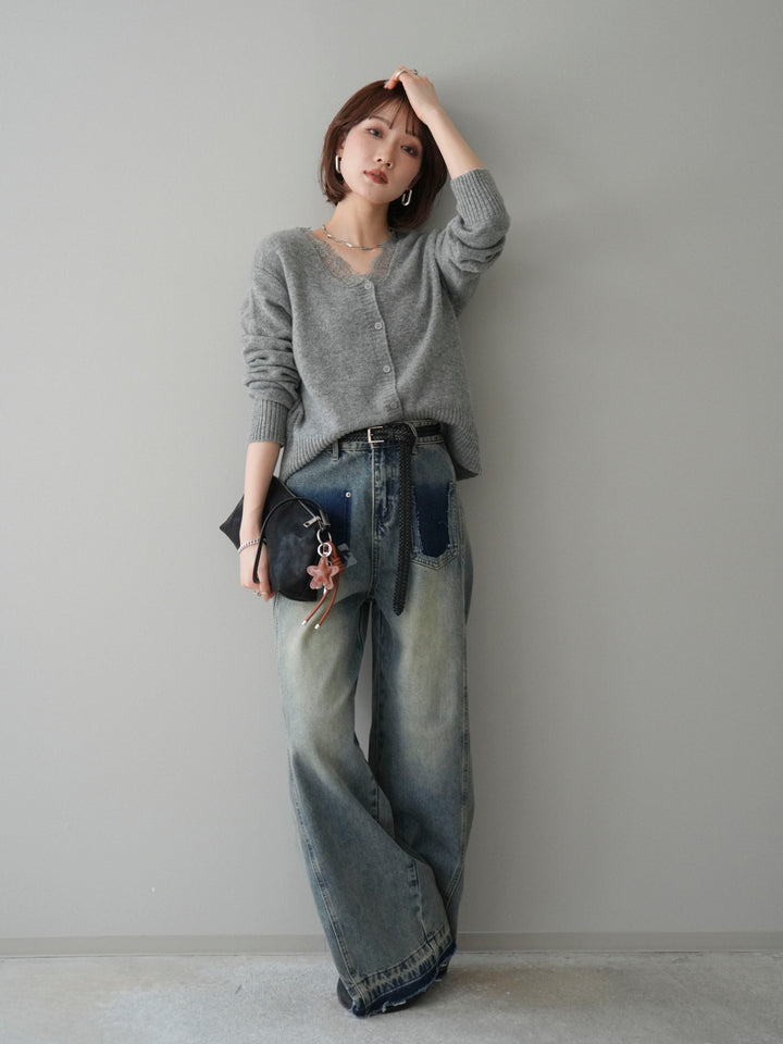 [SET]レースネックニットカーディガン+染めデザインポケットデニムパンツ(2set)