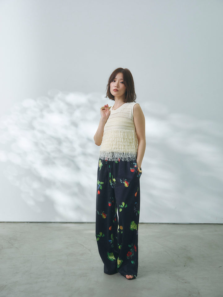 【Allure】[SET]フリンジクロップドニットベスト+ボタニカルプリントイージーパンツ(2set)