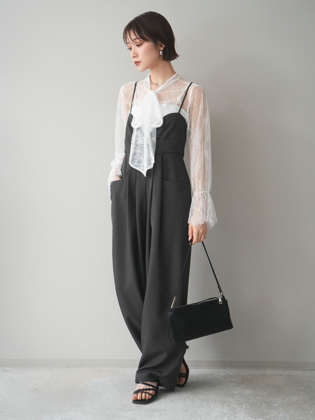 [SET]バックデザインサロペット+リバーレースボウタイトップス(2set)