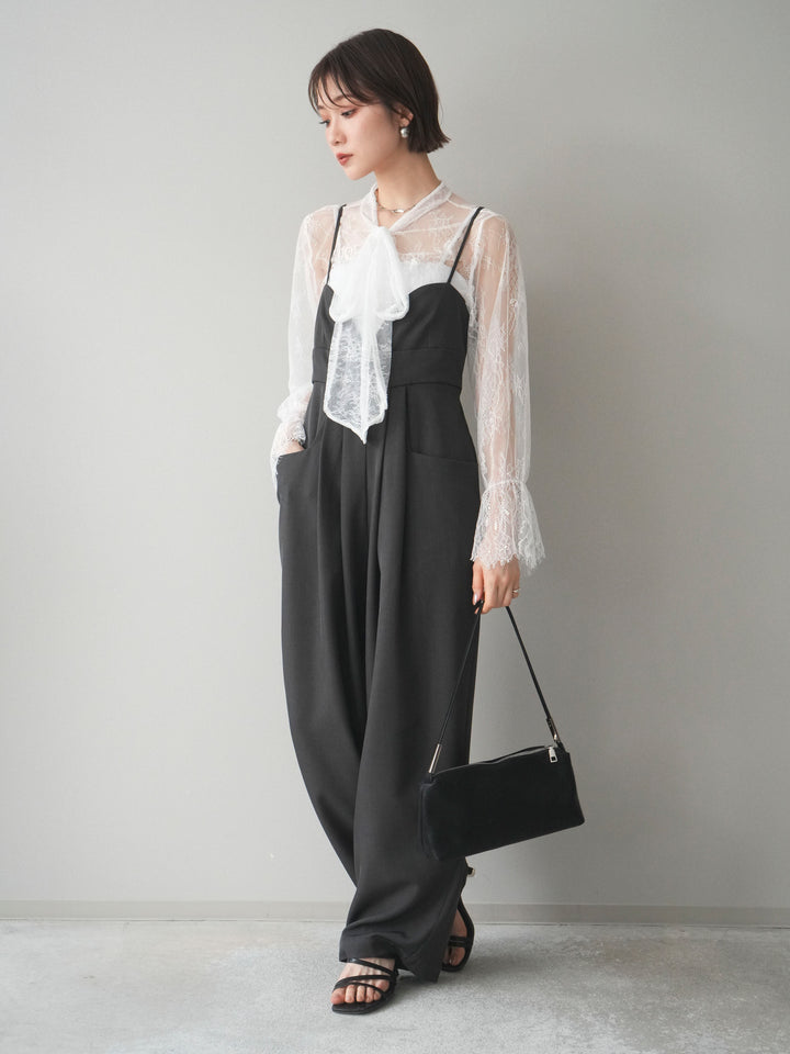 [SET]バックデザインサロペット+リバーレースボウタイトップス(2set)