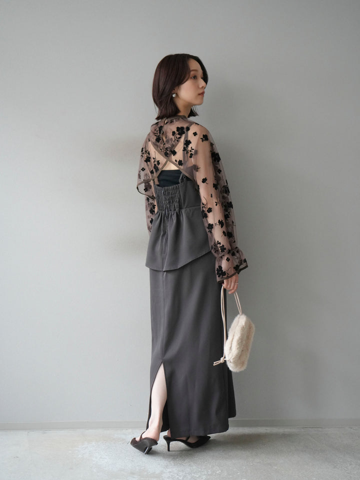 [予約]チュールフラワーフロッキーショートブラウス/ブラウン