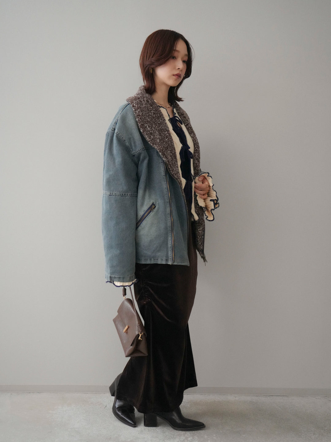 [SET]ミックスボアデニムジャケット+フロントリボン配色メローニットカーディガン+ギャザーベロアスカート(3set)