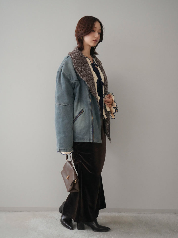 [SET]ミックスボアデニムジャケット+フロントリボン配色メローニットカーディガン+ギャザーベロアスカート(3set)