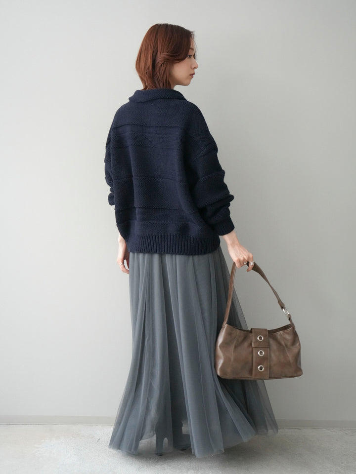 [SET]襟付きボーダー編みニットプルオーバー+チュールボリュームスカート(2set)
