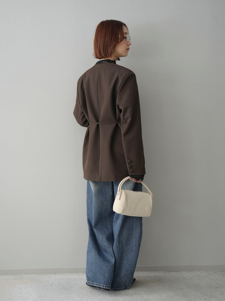 [SET]ノーカラーレースジャケット+カップ付テレコリブベアキャミソール+ダメージデニムセミワイドパンツ(3set)