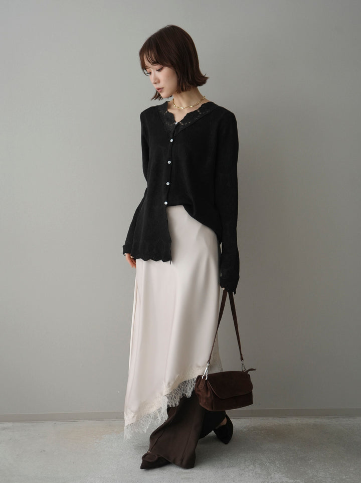 [SET]レースネックジャガードニットカーディガン+センターシームフレアパンツ(2set)