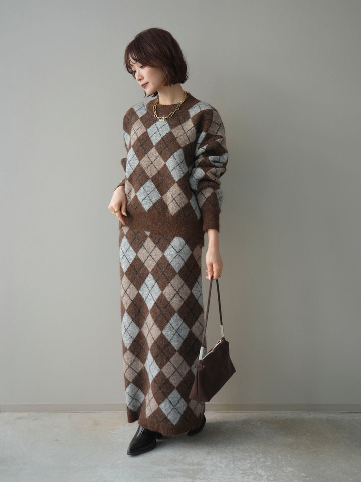 [SET]アーガイルニットプルオーバー&ロングスカートSET UP+選べるアクセセット(2set)