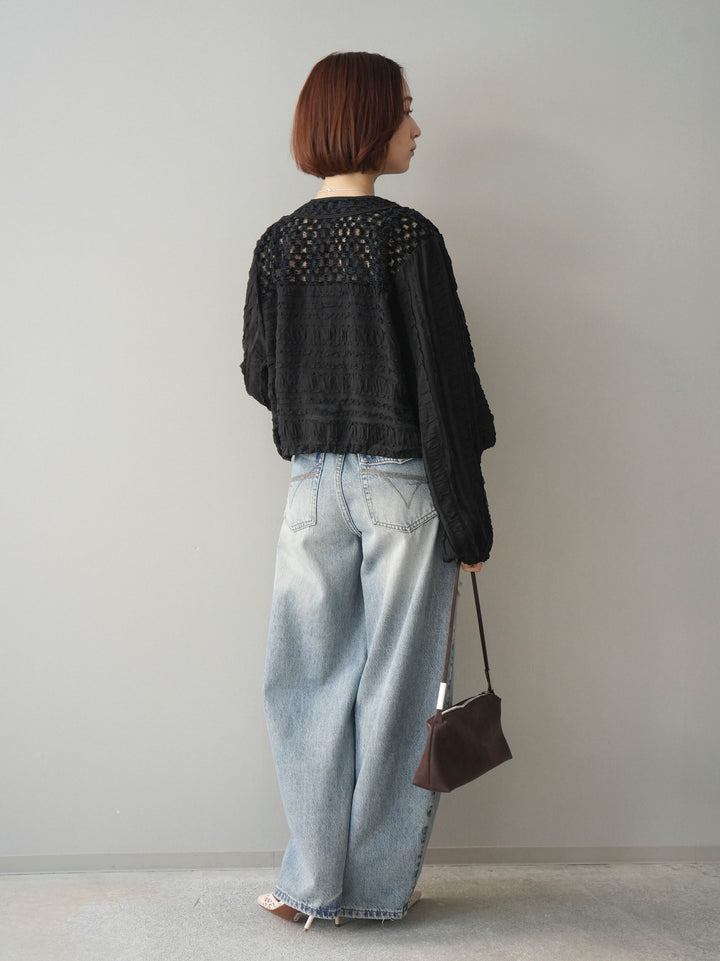 [SET]パッチワークシアーフリルブルゾン+カップ付テレコリブベアキャミソール+ダメージデニムセミワイドパンツ(3set)