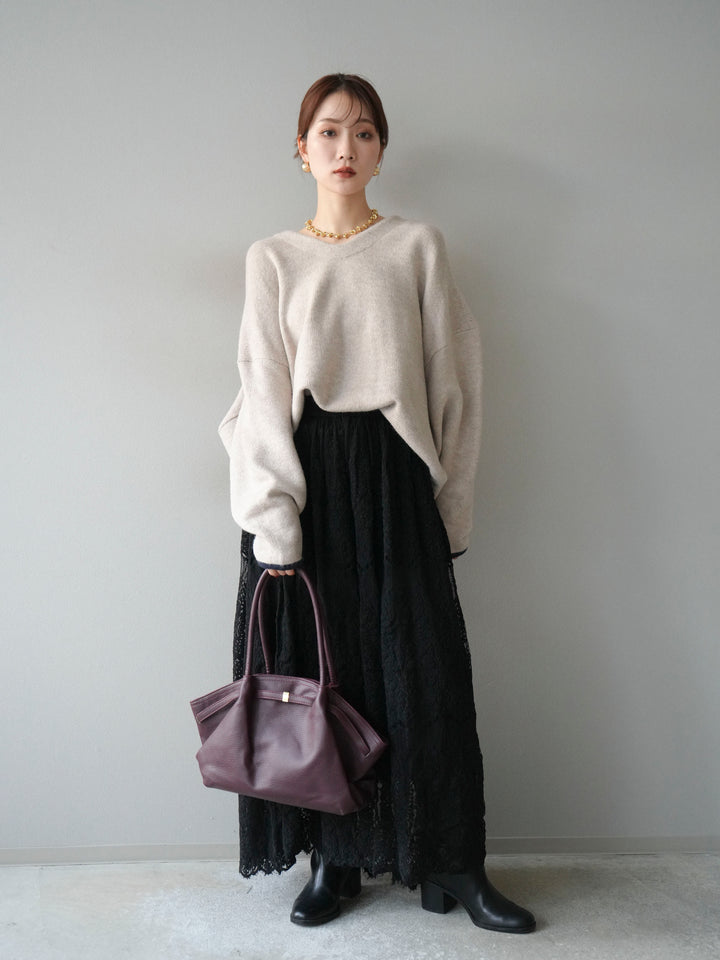 【預購】V領拼色袖針織套頭衫/米色