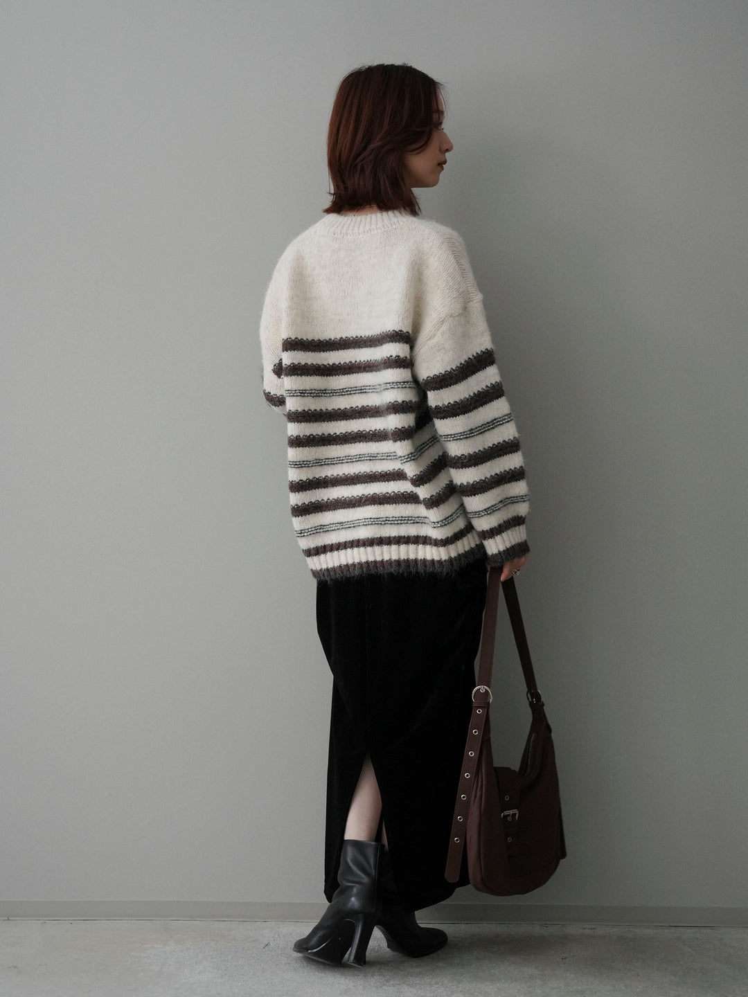 [SET]ステッチボーダーニットプルオーバー+ギャザーベロアスカート(2set)