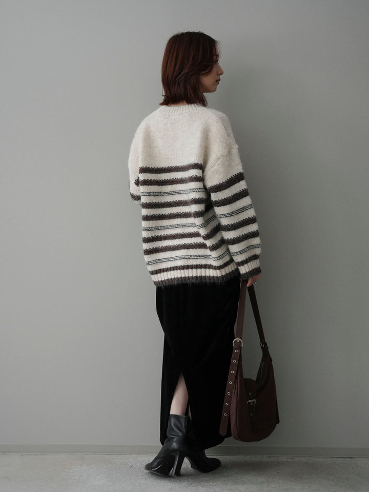 [SET]ステッチボーダーニットプルオーバー+ギャザーベロアスカート(2set)