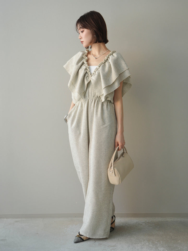 [SET]3WAYミックスツイードギャザーオールインワン+選べるアクセセット(2set)