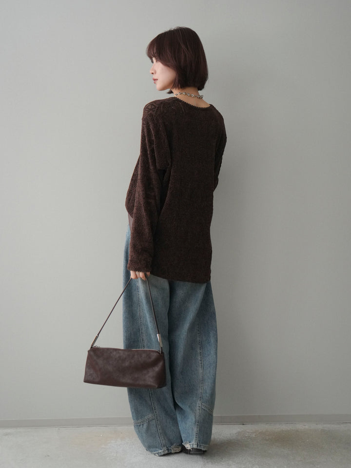 [SET]モール透かし編みニットトップス+ベルト付カーブデニムパンツ(2set)